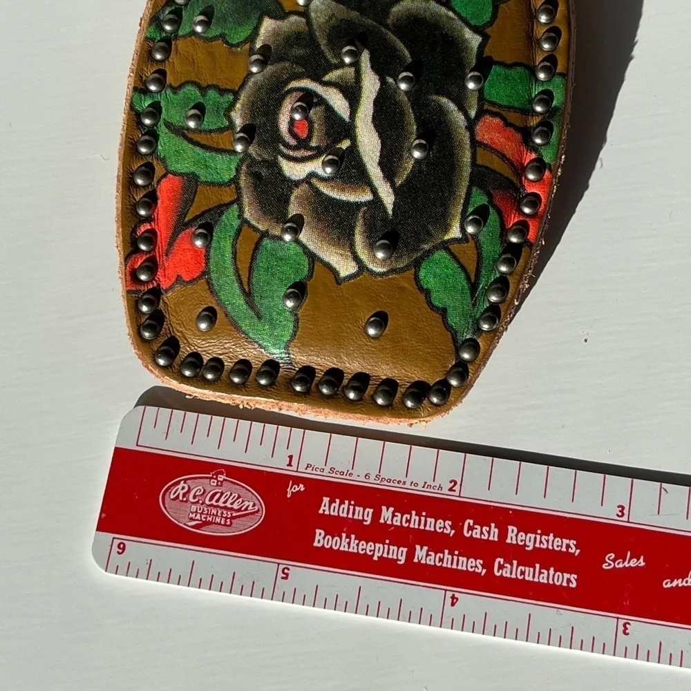 Ed Hardy Leather Belt Yellow Rose Tattoo Buckle Adjustable Size L Vintage Style